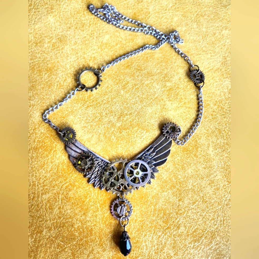 Brass Silver Copper Coloured Steam Punk Wing Gear Necklace